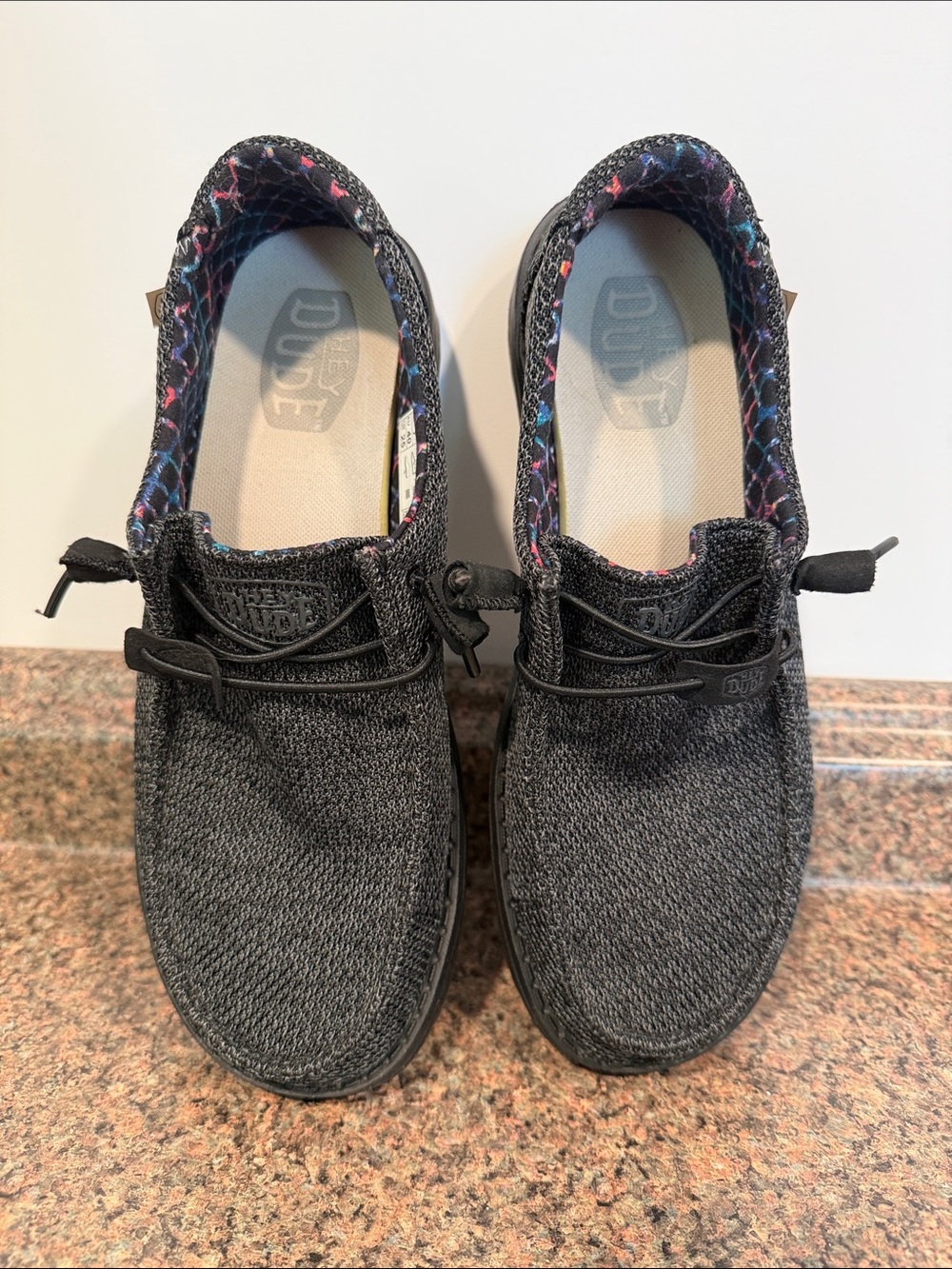 Hey Dude Black Knit Slip-On Sneakers with Multicolor Trim